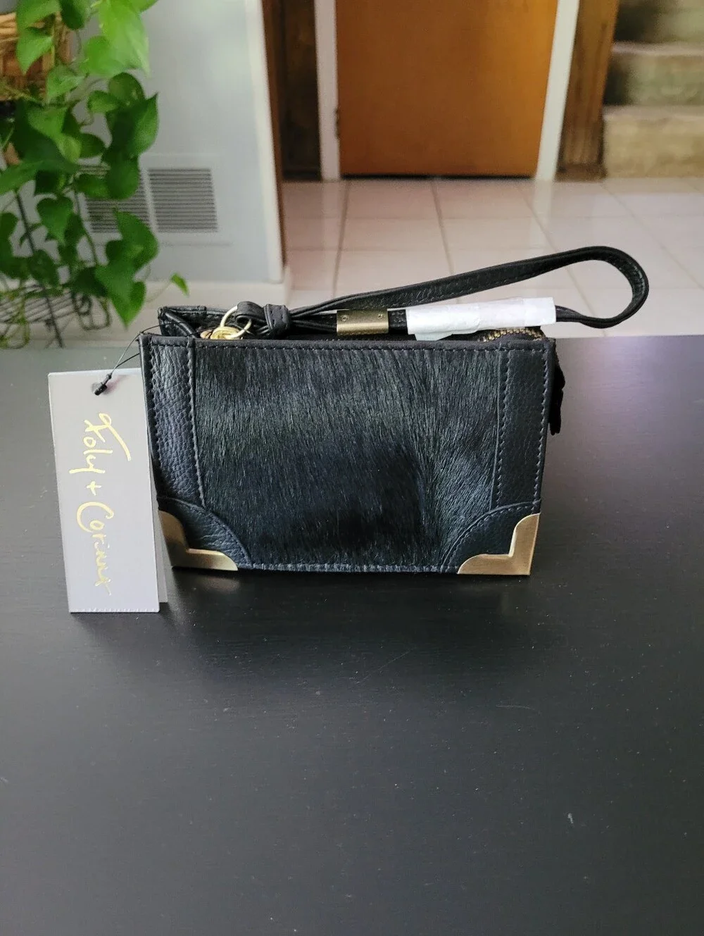 Foley + Corinna Black Haircalf Clutch Wristlet with Gold Accents